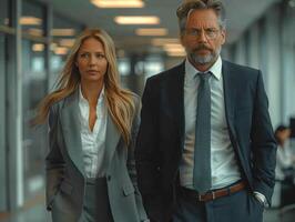 une homme et une femme en marchant ensemble dans une couloir photo