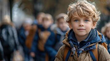 une Jeune garçon avec frappant bleu yeux des stands avant une foule de gens photo