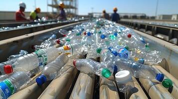ouvriers à une recyclage plante tri Plastique bouteilles photo