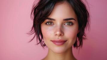 fermer de une souriant femme avec foncé cheveux photo