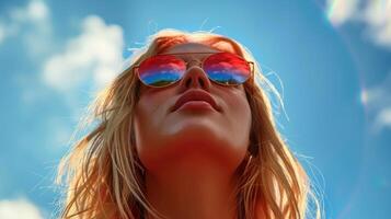 femme dans des lunettes de soleil à la recherche en haut vers le ciel photo