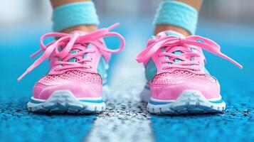 une fermer vue de une les personnes pieds portant vibrant rose des chaussures photo