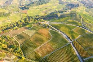 vue aérienne des vignobles de la région vallonnée des langhe, piémont, italie du nord, saison d'automne. site de l'unesco depuis 2014.