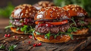 Trois fraîchement grillé hamburgers avec juteux Viande et coloré des légumes repos sur une rustique en bois table photo