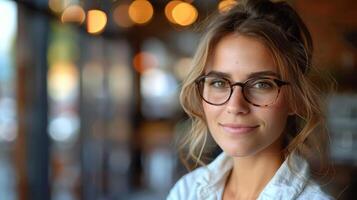 une femme avec des lunettes fabrication œil contact avec le caméra photo