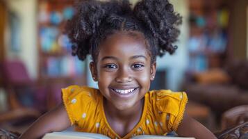 une Jeune fille séance et souriant tandis que en train de lire une livre photo