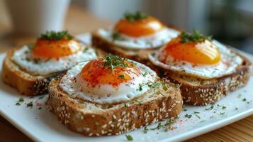 une blanc assiette surmonté avec tranches de pain et frit des œufs photo