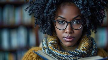 femme portant des lunettes lit une livre photo