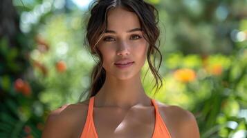 une femme dans un Orange des sports soutien-gorge grèves une pose pour une image photo