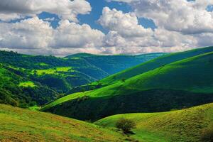 collines et montagnes couvert avec Jeune vert herbe et illuminé par le Soleil sur une ensoleillé journée. photo