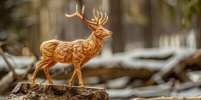 détaillé en bois cerf sculpture représentant une fier posture avec majestueux savoir-faire ai image photo