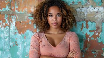 une femme permanent dans de face de une mur avec sa bras franchi photo