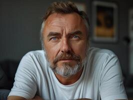 une homme avec une barbe portant une blanc chemise photo