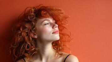 une femme avec rouge cheveux est penché contre une mur photo