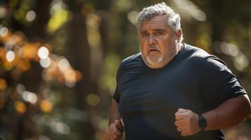 un plus âgée homme le jogging par une dense forêt photo