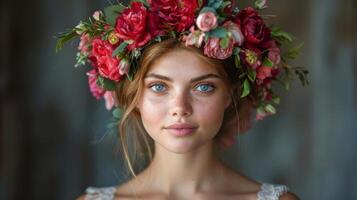 femme avec fleur couronne sur tête permanent en plein air photo