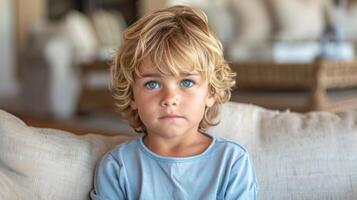 une Jeune enfant séance un haut une canapé photo