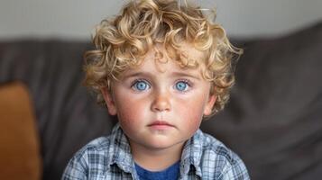 Jeune garçon avec frisé cheveux et bleu yeux photo