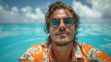 homme dans des lunettes de soleil permanent dans l'eau photo