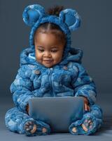 Jeune enfant dans bleu nounours ours costume travail sur une portable ordinateur photo