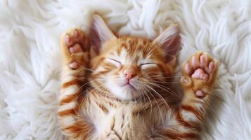 une petit Orange et blanc chat pacifiquement sieste sur une blanc couverture photo