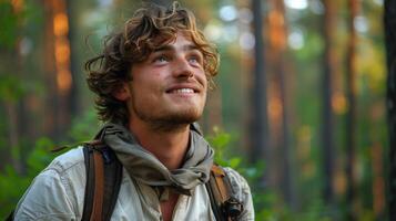 une homme portant une sac à dos regards vers le haut dans une dense forêt photo