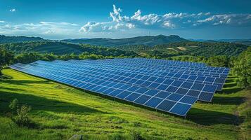une grand solaire panneau installée dans une luxuriant vert champ photo