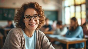 souriant mature femelle prof engageant avec élèves dans salle de cours photo