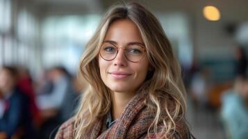 souriant Jeune femme avec à la mode des lunettes et chaud foulard. photo