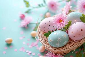 pastel peint Pâques des œufs dans panier avec printemps fleurs. de fête vacances décor. photo