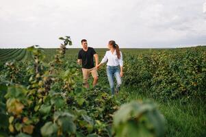 aimant gars et fille en marchant dans nature.concept de l'amour récit amateurs de plein air en marchant dans printemps parc.élégant couple dans l'amour étreindre sur une marcher dans printemps. photo