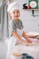 Jeune garçon mignonne sur le cuisine cuisinier chef dans blanc uniforme et chapeau près tableau. fait maison pain d'épice. le garçon cuit le Chocolat biscuits photo