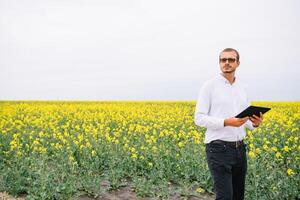 Jeune agronome détient tablette dans râpé champ. secteur agroalimentaire concept. agricole ingénieur permanent dans une râpé champ avec une tablette dans été. photo