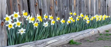 jonquilles à côté de rustique en bois clôture photo