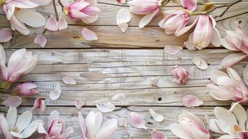 magnolia pétales sur rustique bois photo
