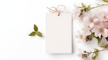 Vide cadeau étiquette maquette avec fleurs sur une blanc arrière-plan, Haut voir, espace pour texte photo
