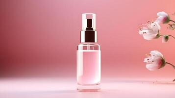 verre bouteille compte-gouttes maquette modèle avec fleurs sur une lumière rose Contexte. Naturel biologique spa cosmétique concept. peau se soucier produit, aromatique pétrole photo