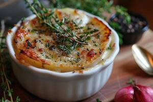 français tartiflette dans le cuisine table professionnel La publicité nourriture la photographie photo