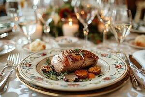 une dîner assiette et coutellerie pour une mariage à une luxe Hôtel La publicité nourriture la photographie photo