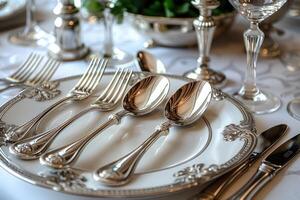 une dîner assiette et coutellerie pour une mariage à une luxe Hôtel La publicité nourriture la photographie photo