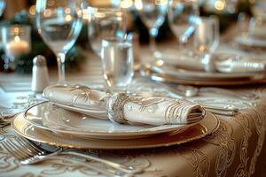 une dîner assiette et coutellerie pour une mariage à une luxe Hôtel La publicité nourriture la photographie photo