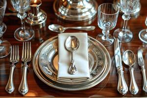 une dîner assiette et coutellerie pour une mariage à une luxe Hôtel La publicité nourriture la photographie photo