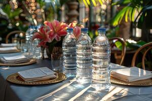 minéral l'eau bouteilles sur le table professionnel La publicité nourriture la photographie photo