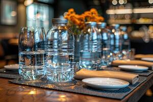 minéral l'eau bouteilles sur le table professionnel La publicité nourriture la photographie photo