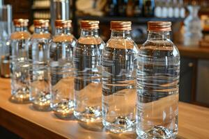 minéral l'eau bouteilles sur le table professionnel La publicité nourriture la photographie photo