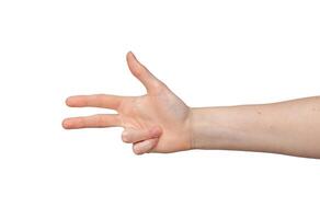 main montrant Trois des doigts. isolé, Vide geste symbolisant quelque chose abstrait. drôle, non verbal photo