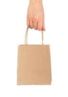 main en portant petit cadeau sac, papier paquet, pack avec poignées, kraft paquet photo