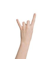 Roche signe, main geste isolé sur blanc Contexte photo