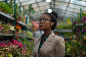 noir affaires femme dans une jardin centre entouré par verdure photo