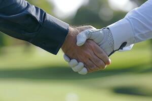 golfeur portant le golf gant secouer main avec homme d'affaire sur le golf cours brouiller Contexte photo